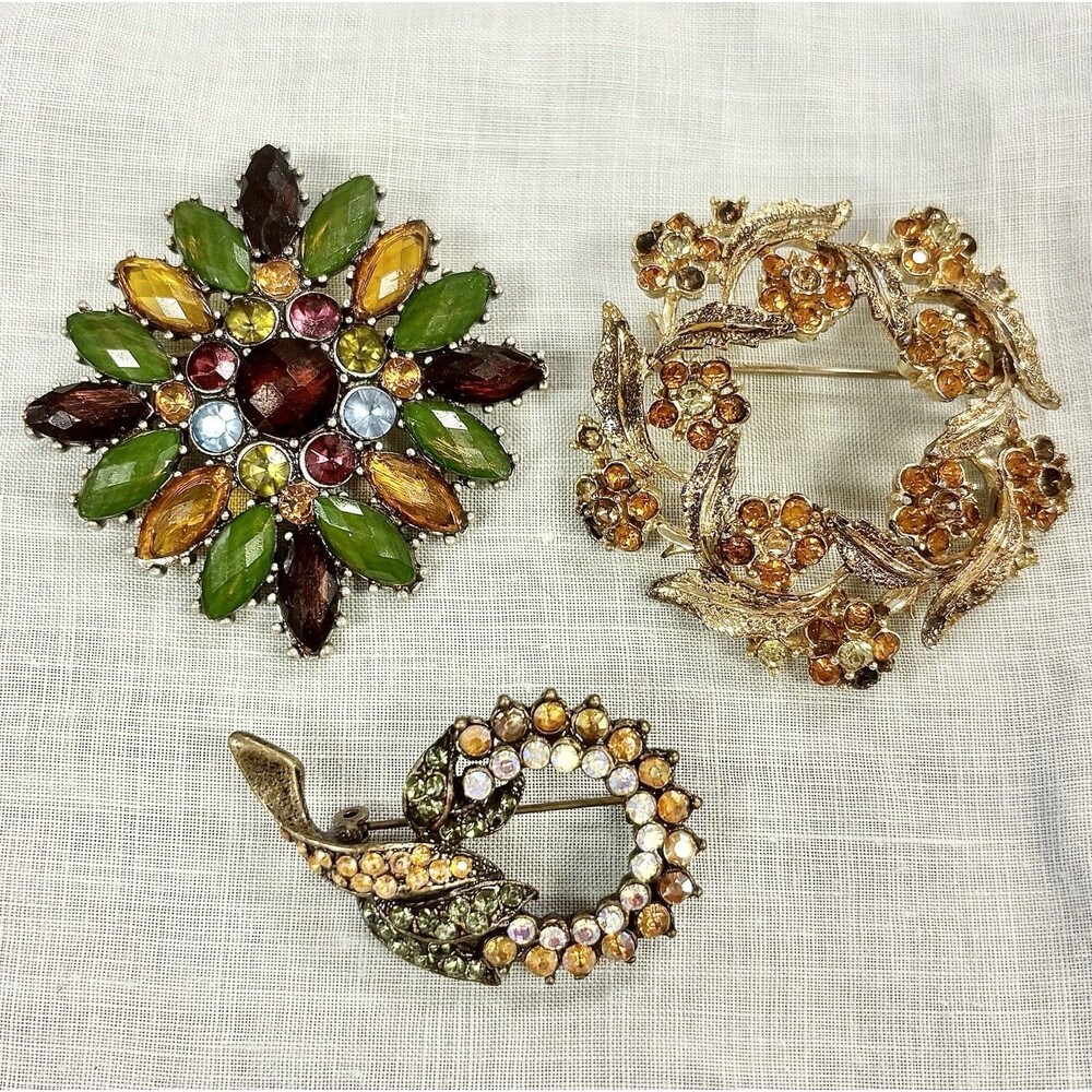 Vintage Brooch Lot Signed Liz Claiborne LC Rhinestone Floral Multicolor